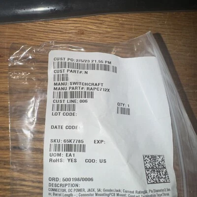 Switchcraft 2.5mm 5a 24v RAPC Mount DC Power Jack - Image 1 of 3