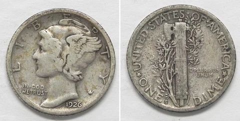 X4558 1926-S Mercury Dime 10c, VF Cover