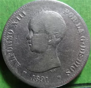 Very scarce, ALFONSO XIII, 2 Pesetas 1891 Stars - - 91, Silver, SPAIN - Picture 1 of 2