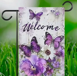 Garden flag, purple butterflies, 12”x18”, thick burlap polyester, double-sided - Picture 1 of 7