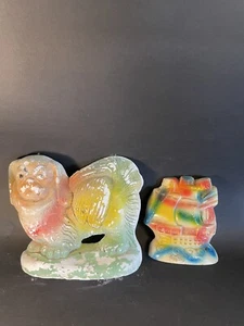 Vintage Chalkware Pekingese Dog & Ship Carnival Toy - Paint Loss - Picture 1 of 14