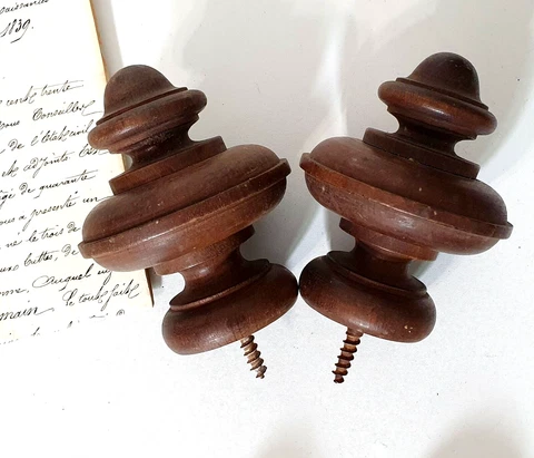 French antique 2 wood turned post finial topper for bed pediment curtain rod Cover