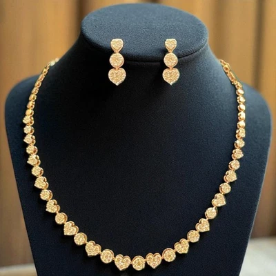 Stunning 4.50 Cts Round Brilliant Diamonds Heart Necklace Earrings Set 14K Gold - Image 1 of 4