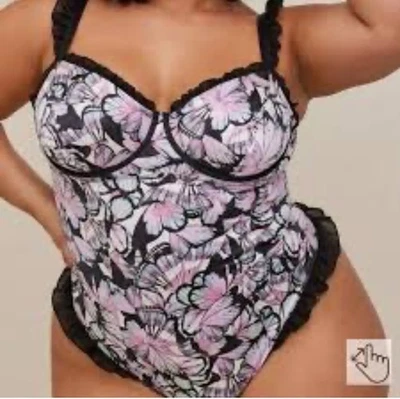 Torrid Curve Womens 3X Black Purple Butterfly Satin Ruffle Thong Bodysuit - Image 1 of 4