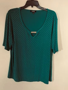 Elementz 1X- Plus Size Emerald Green/Gold Beaded Short Sleeve Dress Blouse - Picture 1 of 5