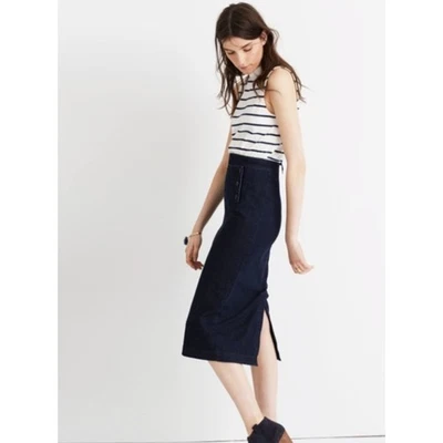 MADEWELL Falda Midi Denim Con Cordones Azul Lavado Oscuro Marinero Jean Talla 27 #F4730 NUEVO Foto 1 de 4