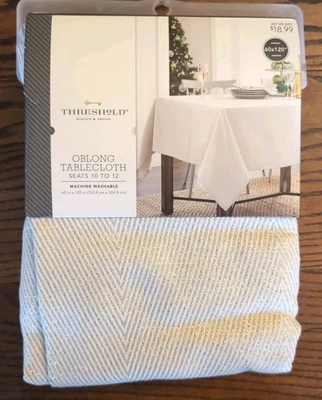 Threshold Oblong Tablecloth 69X120 Seats 10-12 Holiday Ivory Silver Stripes New - Image 1 of 4