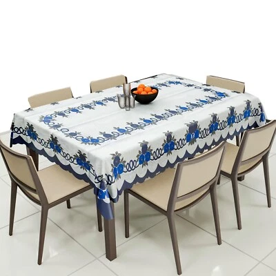Cotton Floral Print Waterproof Dining Table Cover 60x90 Inch White Blue us - Image 1 of 4