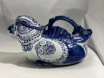 Tetera antigua china de pato con marca Jaiqing azul y blanco Foto 1 de 4