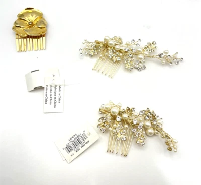 Lote de 3 pentes de cabelo banhados a ouro com imitação de pérola e zircônia - Imagem 1 de 4