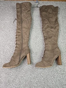 Fashion Nova Shoes Womans 10 Taupe Valencia Over Knee Lace & Zip Up Heeled Boot - Picture 1 of 19