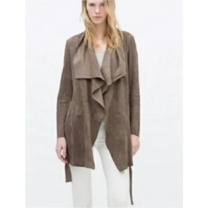Zara Drape Lapel Belted Jacket 100% Goat Leather Taupe Suede size M - Picture 1 of 15