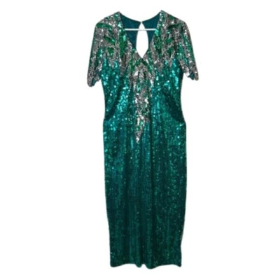 Vintage 80s le monde full sequin beaded evening gown 14/16 teal green party - Image 1 of 4