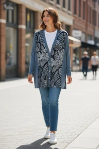 Bob Mackie tragbare Kunst Strickjacke schieferblau grau geometrisches Muster Damen 3X neu künstlerisch - Bild 1 von 9