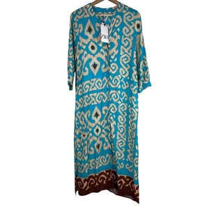 NWT Zara Women's Size M Blue Tan Tribal Button Up Maxi Shirt Dress $69.90 - Picture 1 of 9