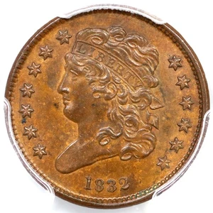 1832 C-2 R-1 PCGS MS 63 BN Classic Head Half Cent Coin 1/2c - Picture 1 of 3