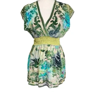 Top Hale Bob Babydoll Terciopelo Burnout Mujer Pequeño Verde Azul Floral Boho Fairy - Imagen 1 de 12
