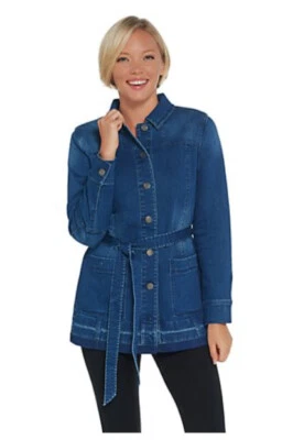 Isaac Mizrahi Live! Chaqueta vaquera utilitaria larga Lt Indigo 18 TRU DENIM A343213 Foto 1 de 3