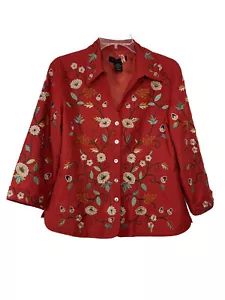 Silk Land Jacket L Red Womens 100% Silk Red Floral Embroidered 3/4 Sleeve Top - Picture 1 of 8