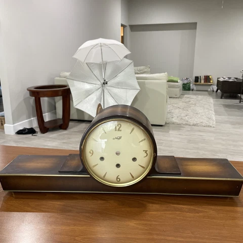 VERY LONG NEFF PURE  ART DECO  CASE MANTEL CLOCK  WOODS white face excelent case Cover