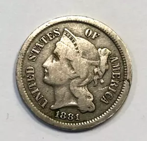 MINT ERROR Cracked Planchet 1881 Three Cent Nickel 3CN Fine F Condition - Picture 1 of 5