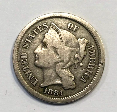 MINT ERROR Cracked Planchet 1881 Three Cent Nickel 3CN Fine F Condition - Image 1 of 4