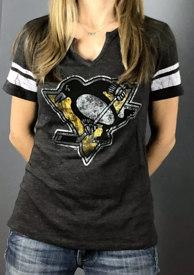 Pittsburgh Penguins Women's T-Shirt - Grey V-Neck Tri-Blend (4 sizes available) - Image 1 of 4