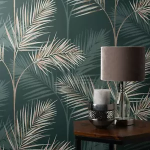 South Beach Palm Leaf Fine Decor Wallpaper Emerald Green Metallic Mica FD42679 - Picture 1 of 4