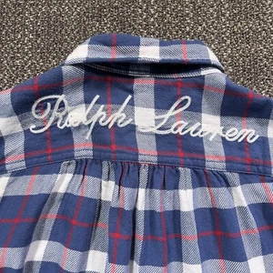 Ralph Lauren Flannel Plaid Shirt Youth 14 Blue White Embroidery Spelled Out Logo - Picture 1 of 24