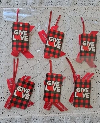 6 Bath & Body Works Christmas Name Tags Red & Black Plaid Give Love Ribbon - Image 1 of 4