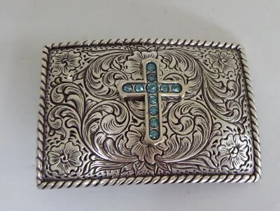 Nocona Mujer Cinturón Hebilla Tono Plata Azul Estrás Cruz Foto 1 de 4