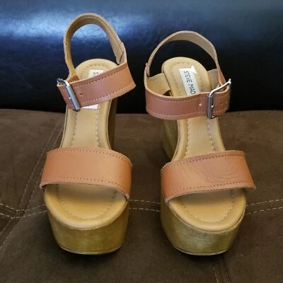 Sandalias de cuña Steve Madden para mujer Candis de cuero marrón madera talla US6/EUR36 Foto 1 de 4