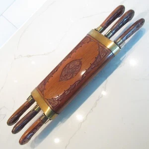 Eastern Indian Carved Wooden Wood & Brass Carving Set, Fork & Knife HBB - Picture 1 of 11