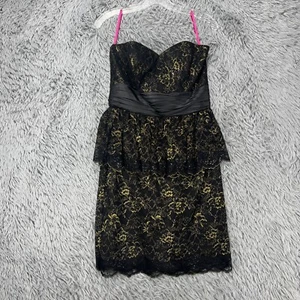 Betsey Johnson Strapless Dress Womens 8 Black Lace Gold Metallic 90s Grunge Goth - Picture 1 of 11