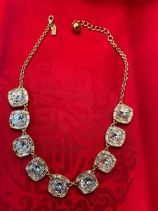 Elegant Kate Spade NY 9 Square .75" White Crystal 18" Chain Collar Necklace+Bag - Picture 1 of 10
