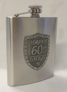 20100 60th BIRTHDAY SILVER 150ml HIP FLASK WITH SHIELD BADGE GIFT BOX SIXTIETH - Picture 1 of 3