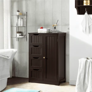 Wooden Bathroom Storage Cabinet with 4 Drawers & Cupboard, Espresso - Picture 1 of 13