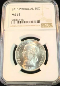 1916 PORTUGAL SILVER 50 CENTAVOS LIBERTY HEAD NGC MS 62 BEAUTIFUL DEEP LUSTER - Picture 1 of 5