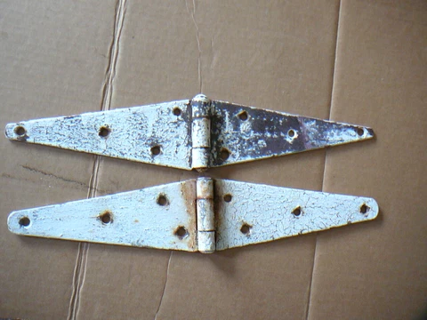PAIR ANTIQUE SALVAGED LARGE BARN DOOR HINGES 16-1/4 X 3-1/4 - OLD WHITE PAINT Cover