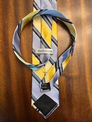 Corbata Van Heusen - 100% seda - amarilla, gris, negra a rayas - excelente estado Foto 1 de 3