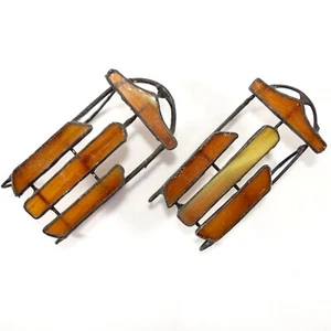Stained Glass Sled Christmas Ornaments or Decor w/Metal Frame Set Of 2 - Picture 1 of 7