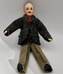 Celluloid Man Boy Dollhouse Doll Jointed Cloth Clothing Unmarked 5.75”H - Picture 1 of 14