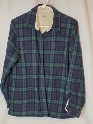 L.L. Bean Women's Shirt Jacket Size M Green Blue Plaid Flannel Fleece Lined - Image 1 of 4