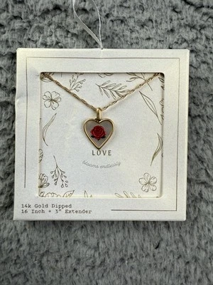 14k Gold Dipped Heart Necklace Red Rose Pendant Love 16" + 3" Extender Gift New - Image 1 of 4