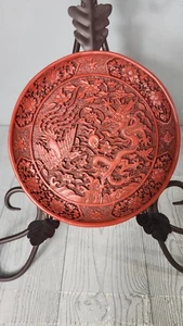 Vintage Chinese Cinnabar-Inspired Round Red Laquer Plate with Foliate Rim - Picture 1 of 8