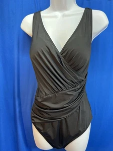 Costume da bagno Eomenie 1 pz L nero nylon/spandex surplice davanti 1"W spalline aggiuntive nuovo con etichette - Foto 1 di 11