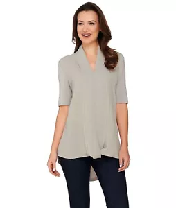 Top H by Halston Pequeño Negro Mangas Cortas Tejido con Cortina de Gasa Frontal - Imagen 1 de 4