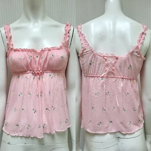 Y2k Victoria's Secret Pink Mesh Floral Embroidered Corset Milk Maid Tank Top - M - Picture 1 of 11