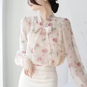 Summer New Chiffon Shirts Women Stand Collar Printing Bow Lacing Puff Sleeve Top - Picture 1 of 7