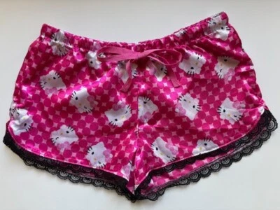 Hello Kitty Pajama Shorts Womens XS Satin Lace Trim Pink, Black Drawstring - Image 1 of 4